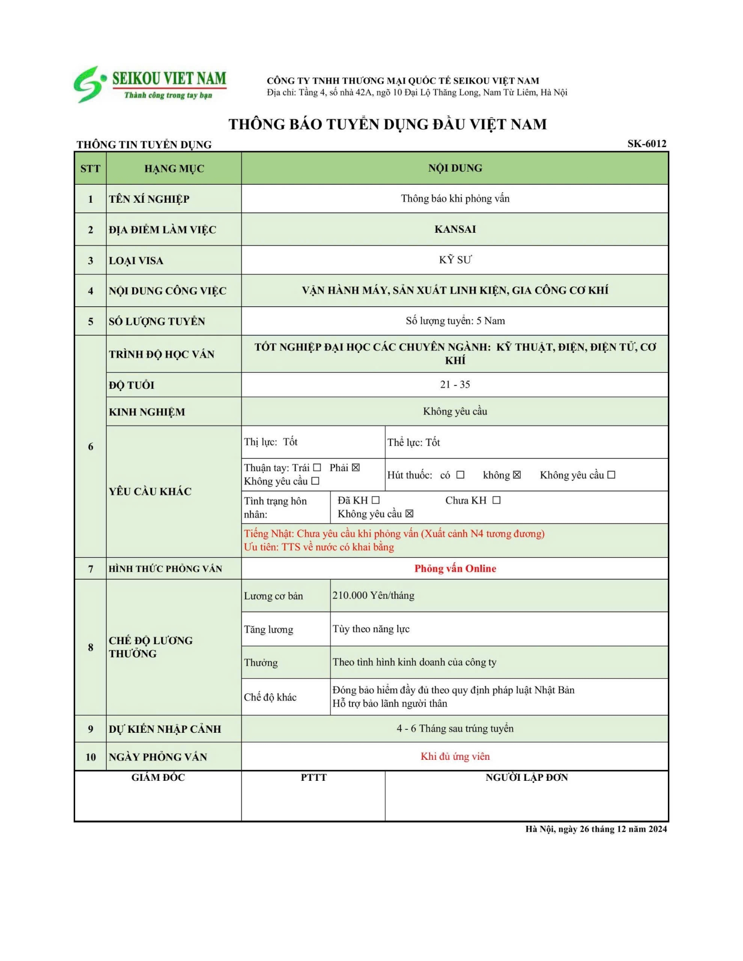 VHM - SẢN XUẤT LINH KIỆN KV KANSAI